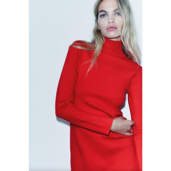 ZARA Mock High Neck Knit Midi Dress Red {YY42} - Picture 7 of 12